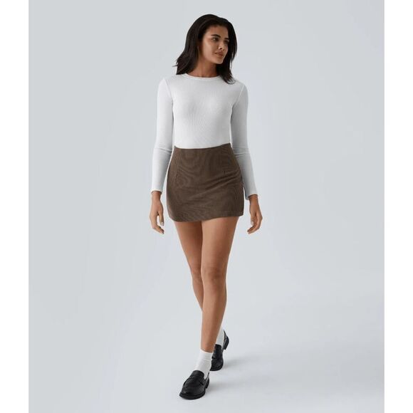 Halara‎ NWT AuraCord Cloud High-waisted 2-in-1 A-line Corduroy Brown skirt Small - Picture 2 of 5